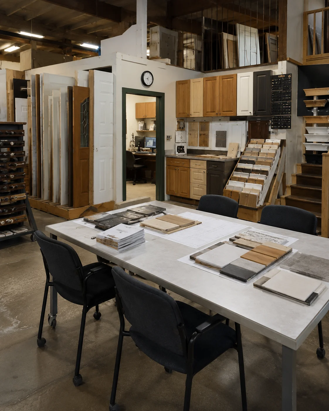 Cabinet door samples and finish boards on a sample-room table