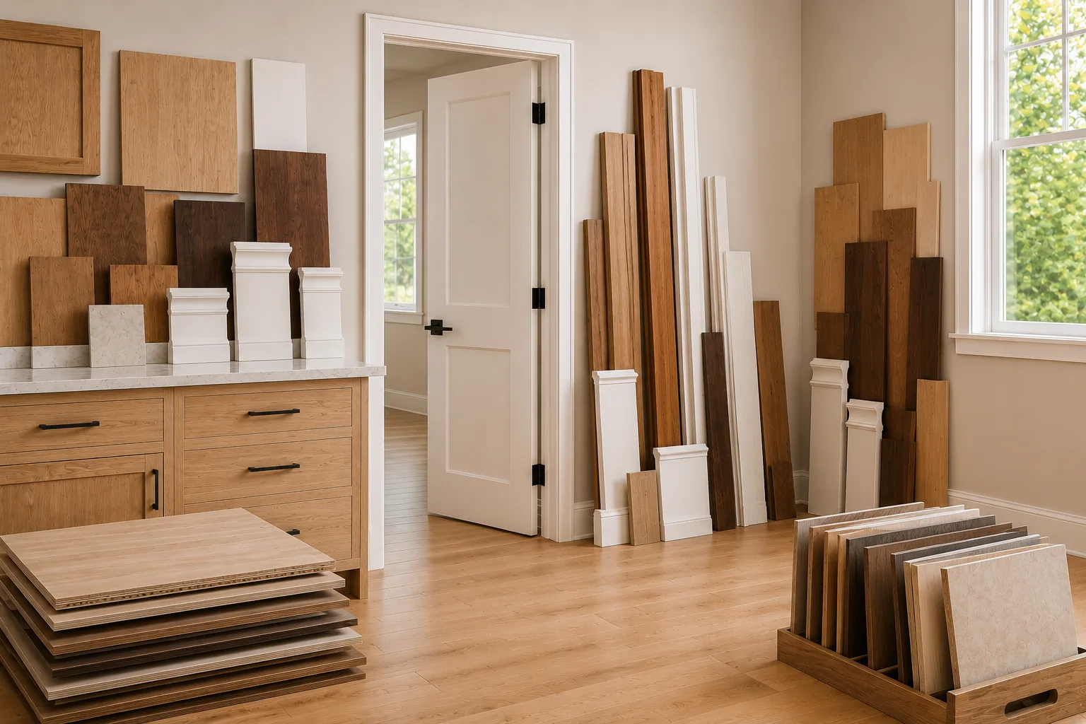 Showroom display of doors, cabinetry, millwork, and trim samples