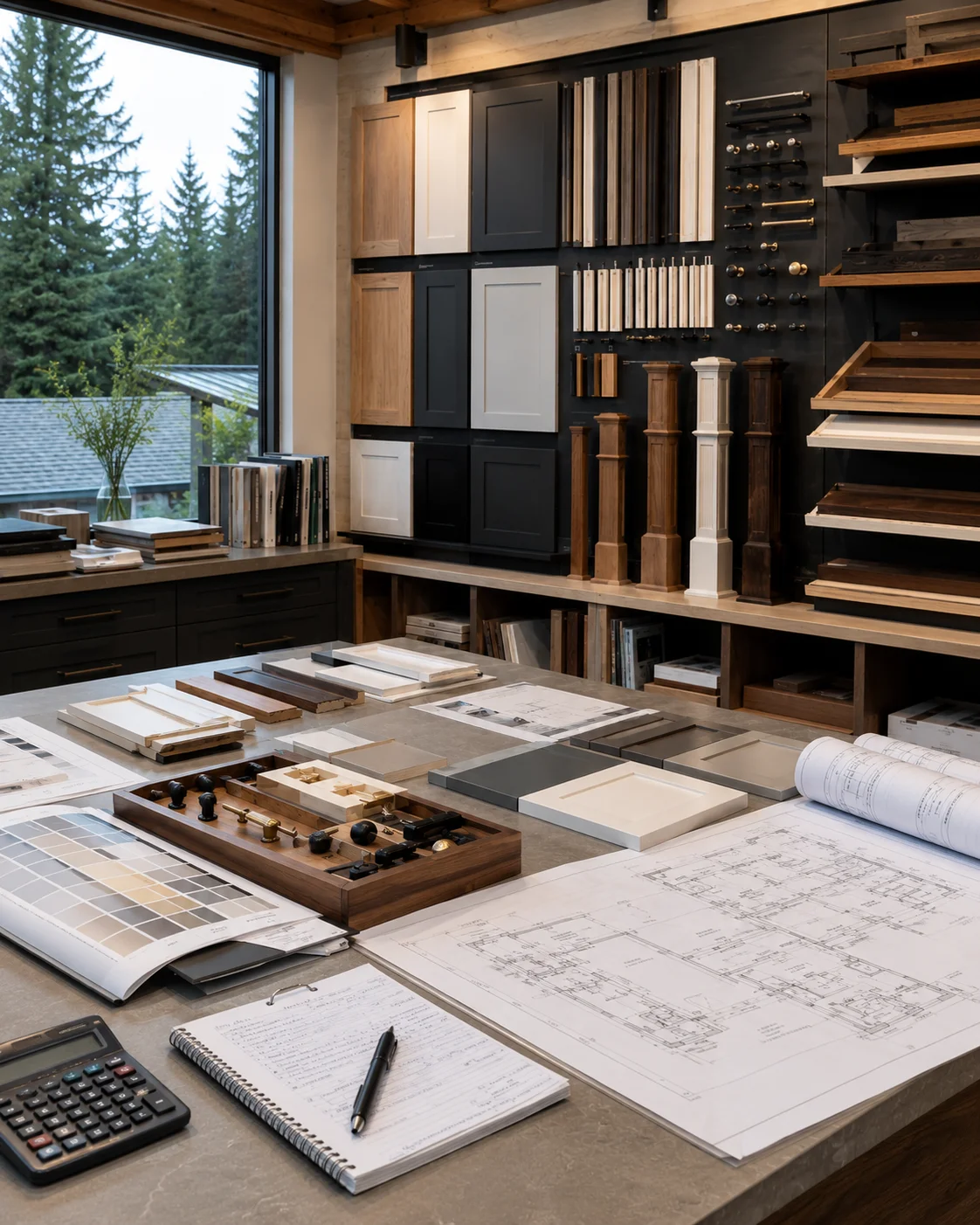 Spec table with cabinet samples, hardware, finish boards, and plans